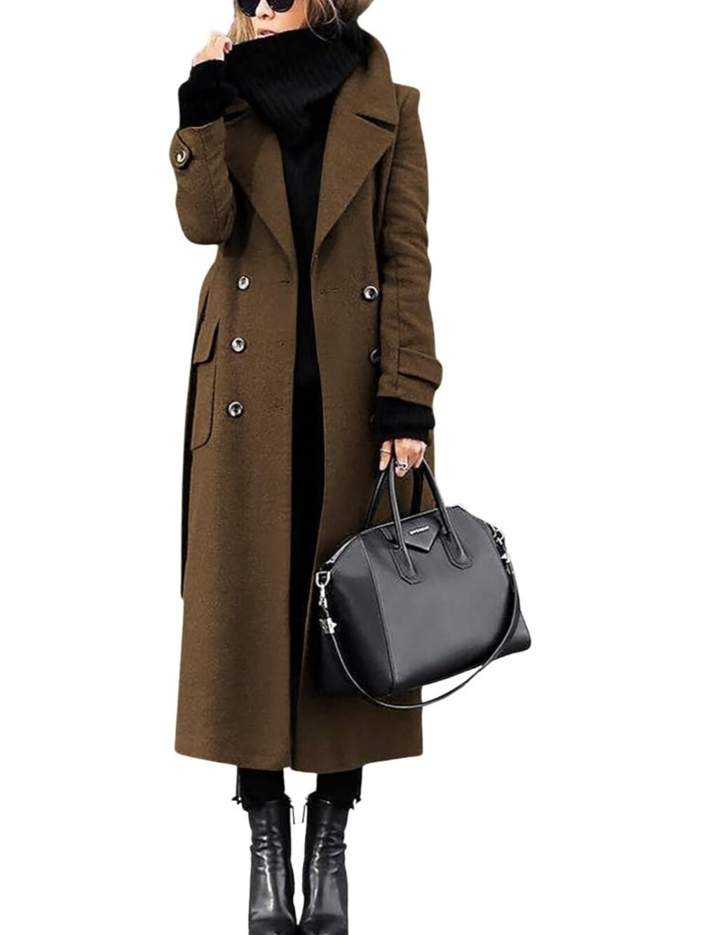 Women‘s Brown Notch Collar Double Breasted Wool Belted Mid Long Pea Trench Coat
